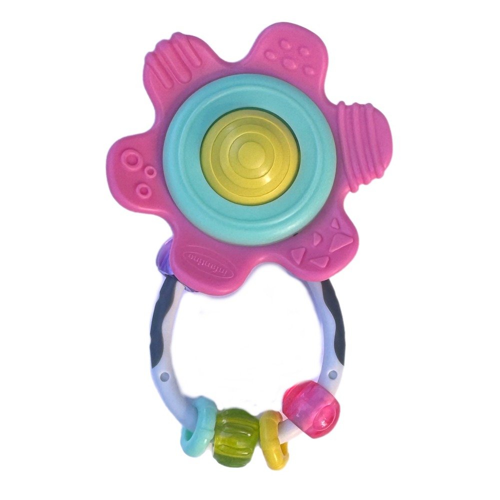 Infantino Spin & Teethe Gummy Flower Rattle Teether Pink Teal Baby Sensory Toy